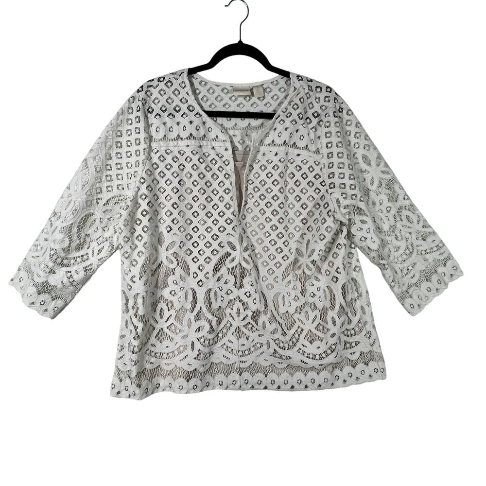 CHICOS Lace Jacket Womens 3 XL White Floral Eyelet Three Quarter Sleeve Lined
